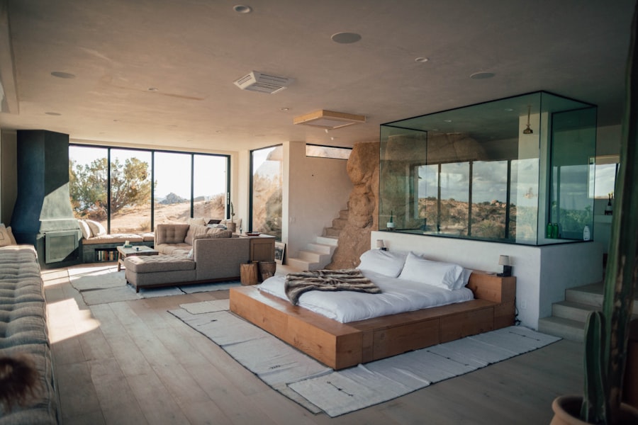 Modern bedroom with neutral tones and ambient lighting